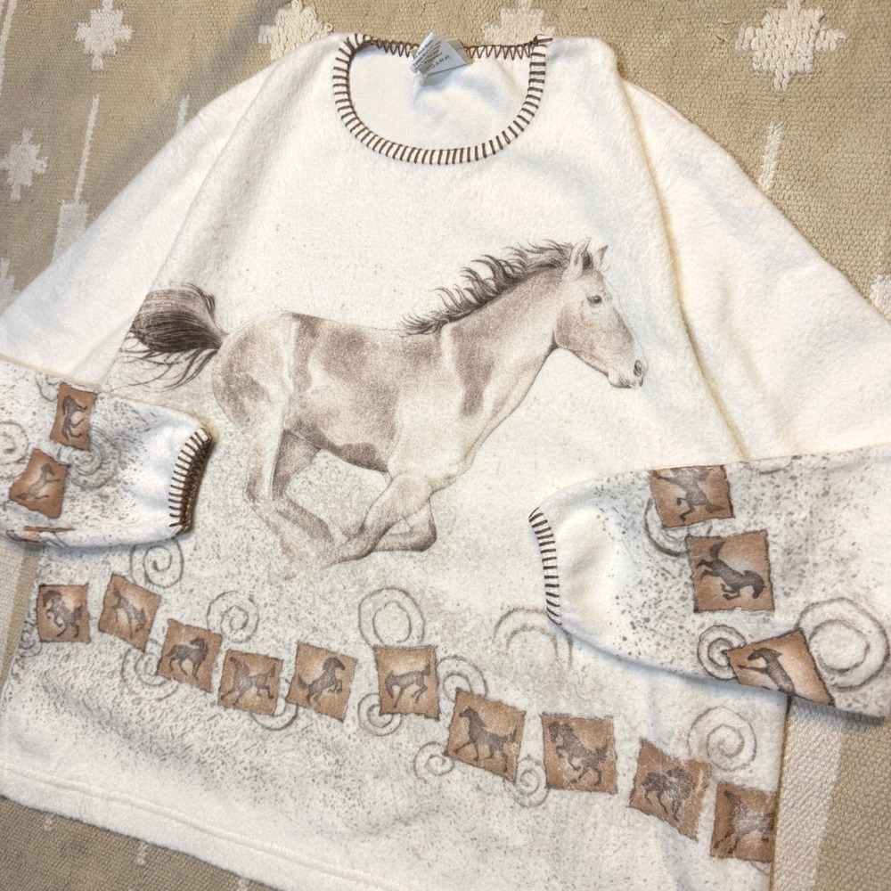 Vintage Horse Sweater Women XL Fleece Cream Artisans Equestrian farmcore - Picture 2 of 9